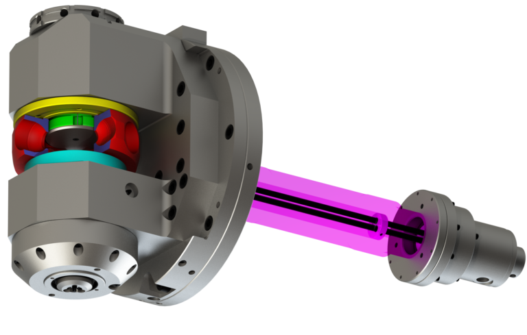 Indexing Collet Chuck with top clamp and actuation package, chuck indexes nine times to perform ID grinding operation.