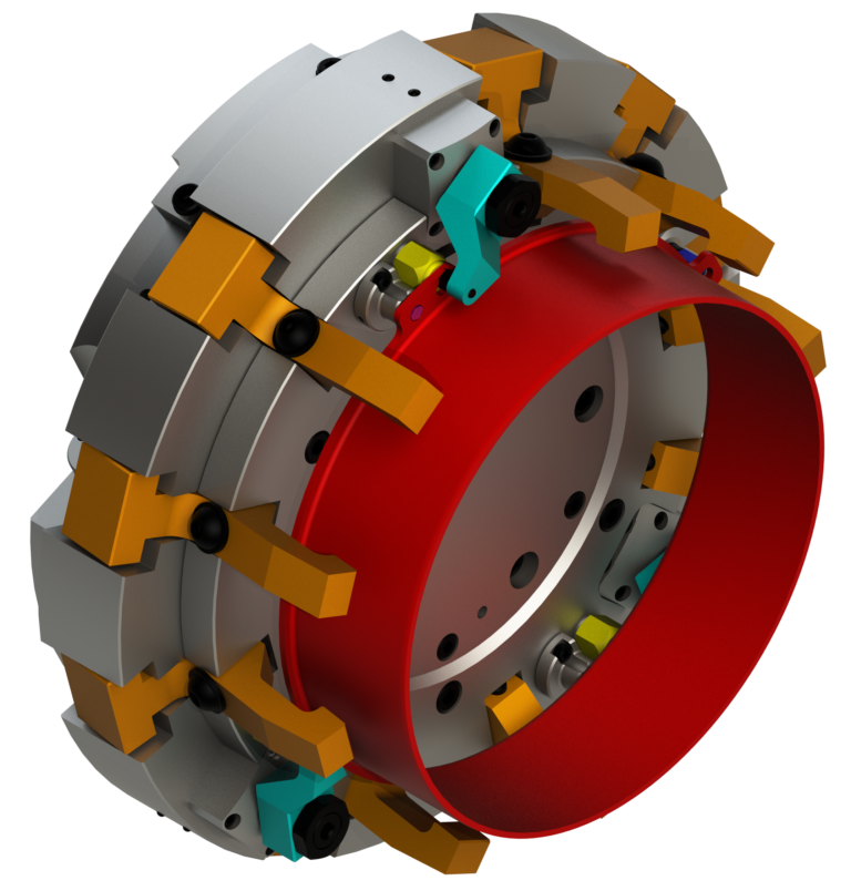 Heli-Clamp Chuck with dampeners and hydraulic work supports to reduce part distortion.