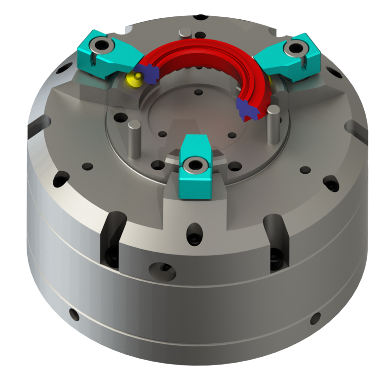 Heli-Clamp with pin plate to locate PD of ring gear for hard turning.