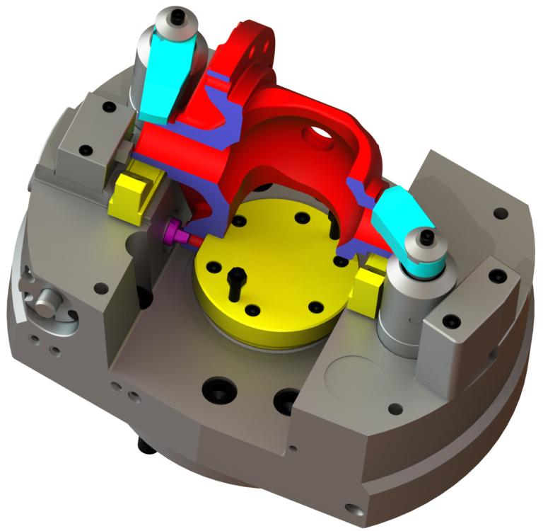 Heli-Clamp Chuck with radial location for turning of differential case spherical pinion seats.